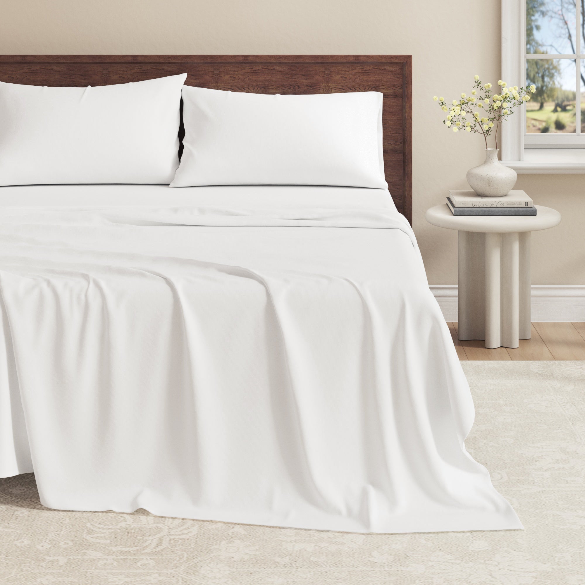 Organic cotton jersey knit sheets on a bed
